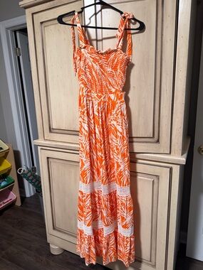 Joules Orange and White Tie-Shoulder Maxi Dress